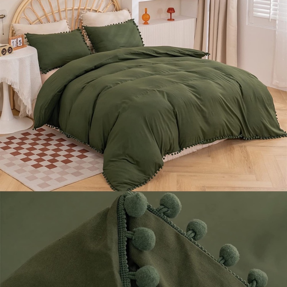 New OLIVE GREEN Pom Pom Fringe Duvet Cover Set